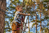 Small climber at a height in a rope park uses reliable safety equipment