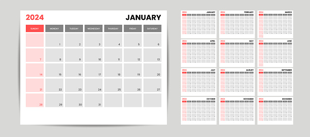 Monthly calendar template for 2024 year. Editable text calendar 2024. Wall calendar in a minimalist style. Week Starts on Sunday. Planner for 2024 year.