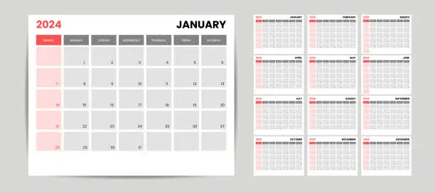 Vector illustration of Monthly calendar template for 2024 year. Editable text calendar 2024. Wall calendar in a minimalist style. Week Starts on Sunday. Planner for 2024 year.