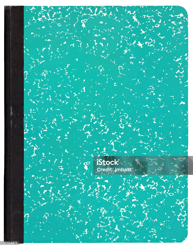 A turquoise patterned composition book Green composition notebook isolated on white. Note Pad Stock Photo