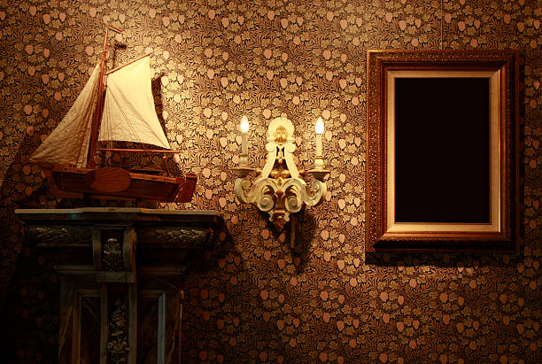 Holland retro still life with ship model and old frame for oil painting.