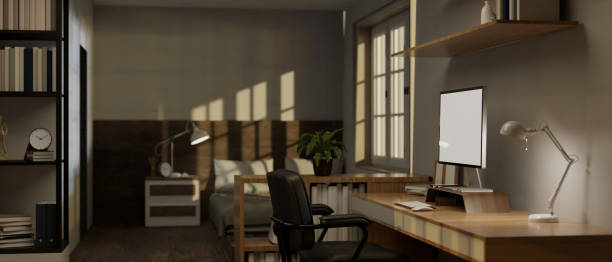 istock Interior design of a cozy contemporary bedroom with workstation, computer mockup on a table 1515689939