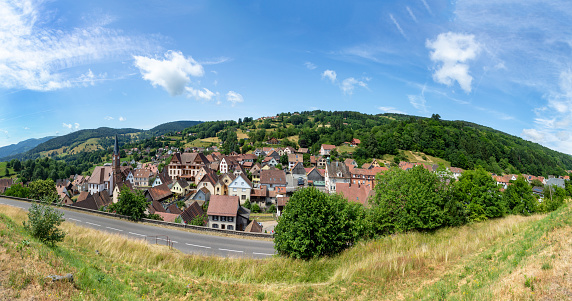 skyline of small scenic french village Soultzeren in the Munster valley, Alsace, France