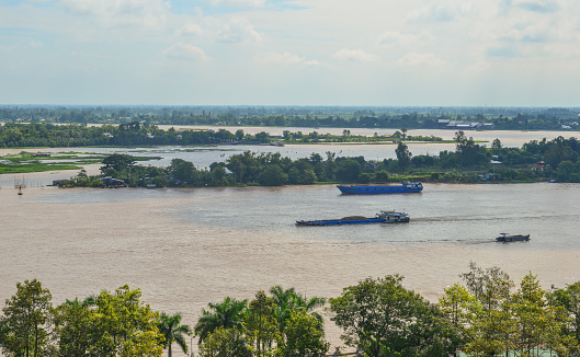 Mekong River at sunny day in An Giang, Southern Vietnam.