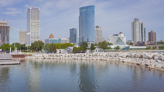 Aerial view of Downtown Tampa Skyline over the Hillsborough River on a summer day.