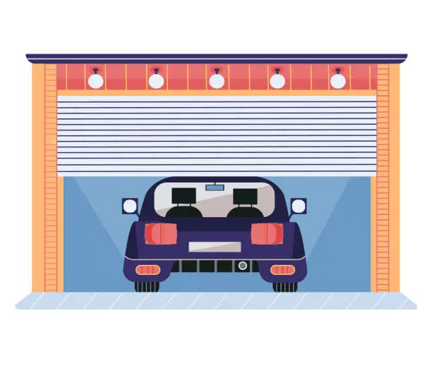 Vector illustration of Gates with lifting mechanism, place for automobile parking. Garage, vehicle storage space with car