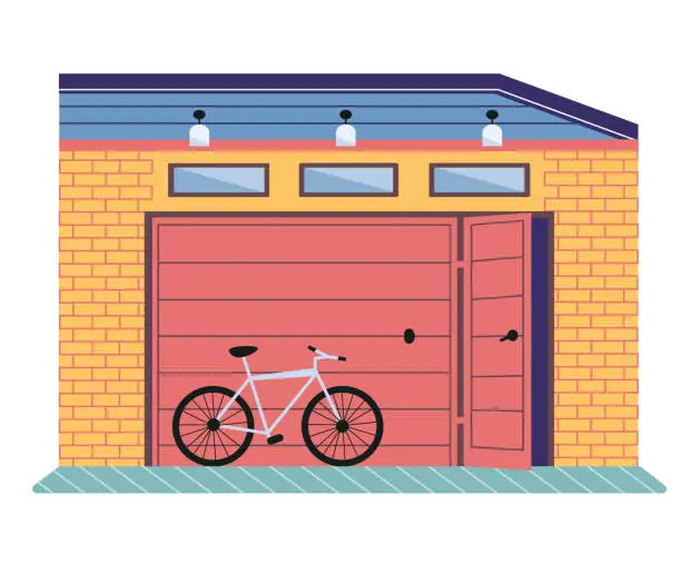 Vector illustration of Garage with automatic gates and bike. Vehicle storage space with mechanical door and bicycle