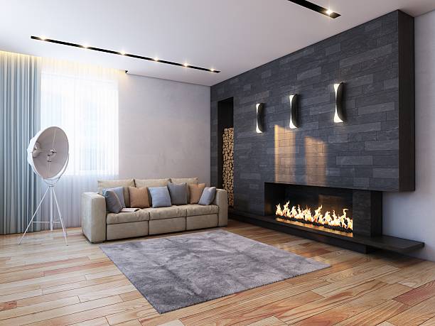 sala de estar con chimenea - fireplace living room door wall fotografías e imágenes de stock