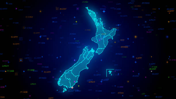 istock Blue Colorful Shiny Digital Technology Hud Dots Mosaic Grid New Zealand Map Separate Regions Light Scanning With Numeric Tech 1515747180