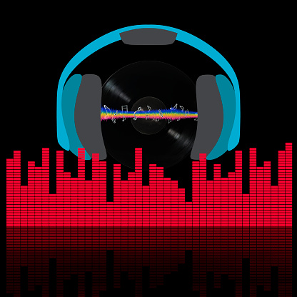 Close-up of LP vinyl record with headphones and sound graphic equalizer, musical notes, against black background.