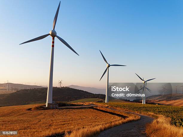 Foto de Fazenda De Turbinas De Vento Natural De Energia Energia Elétrica Nascer Do Sol e mais fotos de stock de Energia Eólica