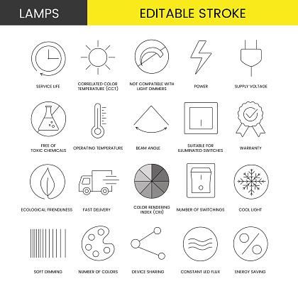Set of line icons in vector for lamp packaging, technical specifications illustration, correlated color temperature, cct and service life, power and not compatible with light dimmers. Editable stroke