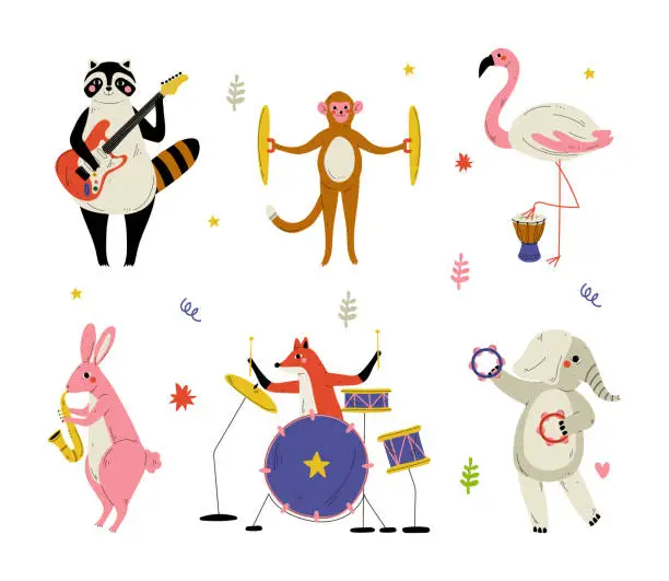 Vector illustration of Animals playing musical instruments set. Raccoon, flamingo, monkey, rabbit, fox, elephant playing music cartoon vector illustration