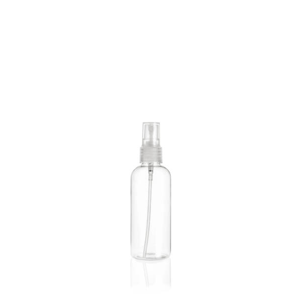 istock Transparent rounded cylindrical PET bottle container with transparent spray pump on white background. Packaging of antiseptic. Template of a bottle for cosmetics and medical products. 1515838737