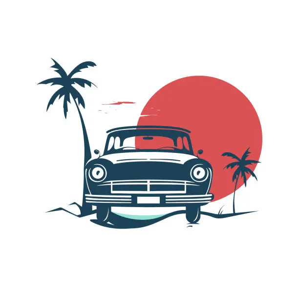 Vector illustration of Retro car on the beach. Retro design with space for text. Vector illustration