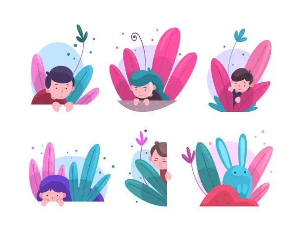 Vector illustration of Cute kids and rabbit peeking out from bushes set. Lovely kids hiding in dense grass cartoon vector illustration