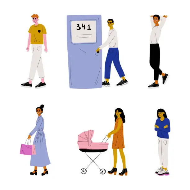 Vector illustration of Set of young people dressed modern casual clothes. Neighbors that live in apartments cartoon vector illustration