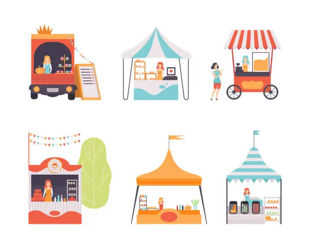 Vector illustration of Outdoor stalls, carts, tents for summer street fair or street market festival cartoon vector illustration