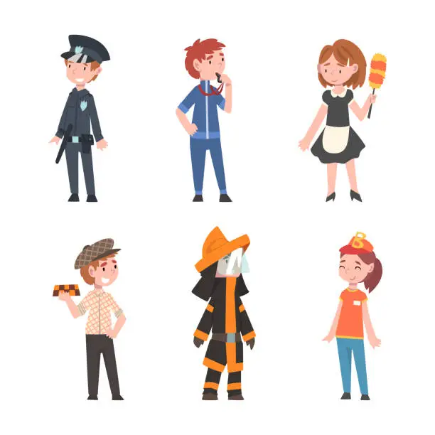 Vector illustration of Set of people different professions. Policeman, coach, maid, taxi driver, firefighter, salesman cartoon vector illustration