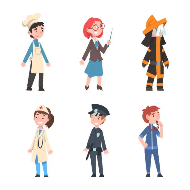 Vector illustration of Set of people different professions. Chef, teacher, doctor, firefighter, policeman, coach cartoon vector illustration