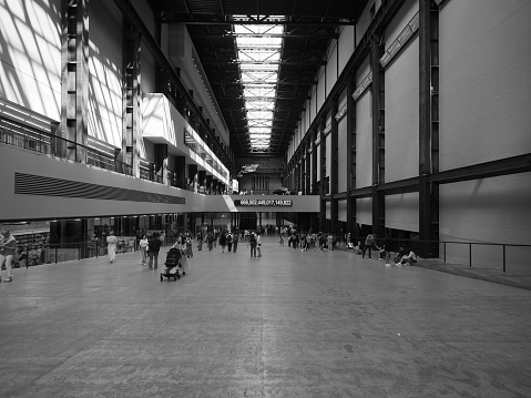 London, UK - June 08, 2023: Tate Modern turbine hall in South Bank power station in black and white