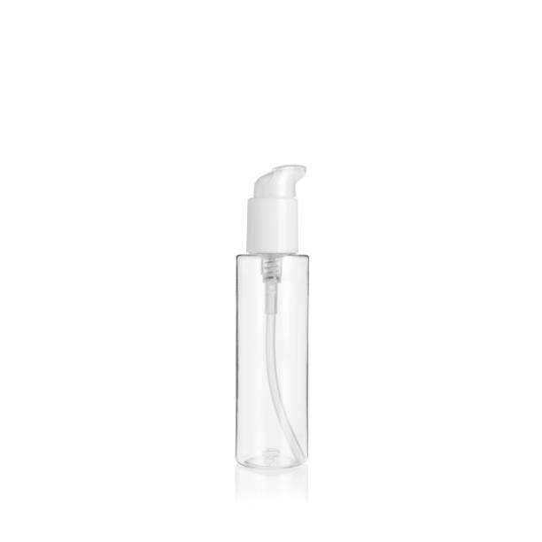 istock Transparent cylindrical PET bottle container with white lotion pump. Packaging of antiseptic. Template of a bottle for cosmetics and medical products. Isolated on white background, copy space template, banner. 1515850552