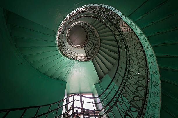 Spiral old green and grunge staircase, abstract point of view