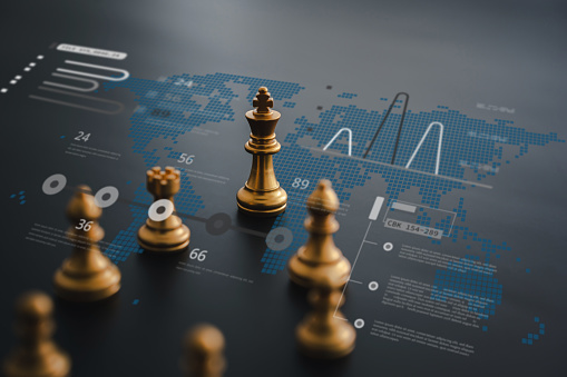Chess with graphic icon. Intelligence business marketing and management strategy planning with information analysis. Success idea of leadership and team. Leader and teamwork brainstorming concept.