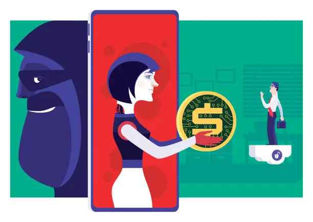 Vector illustration of robot woman holding coin and meeting businessman on smartphone while hacker hiding