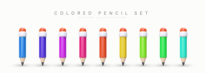 Set of colored pencils on white background. 3D stationery with shadows. Tools for creativity. Children entertainment. Rainbow collection. Icons for bright design
