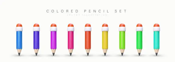 Vector illustration of Set of colored pencils on white background. 3D stationery with shadows