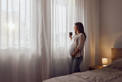 Young expecting woman day dreaming while looking through window during tea time in the bedroom. Copy space.