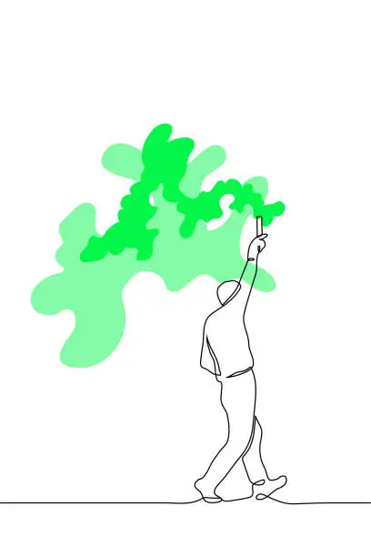 Vector illustration of man walks with smoke bomb from which neon green smoke spreads - one line drawing vector. concept of celebration, fun, signal sign