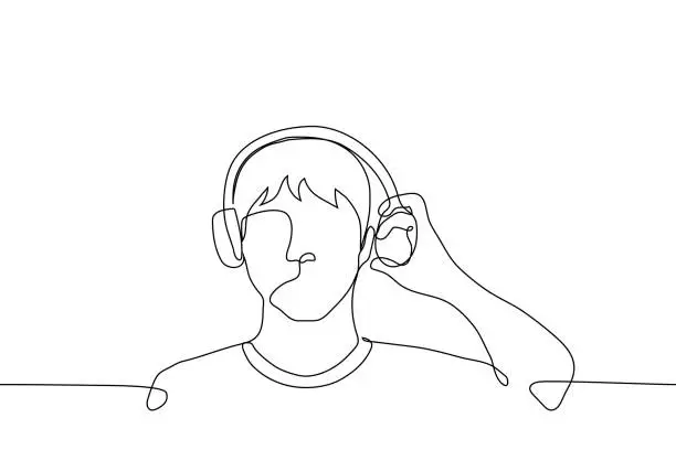 Vector illustration of man in On-Ear headphones left earphone from being pulled from the ear - one line drawing vector. concept man in headphones interrupted listening to music to hear the sound outside