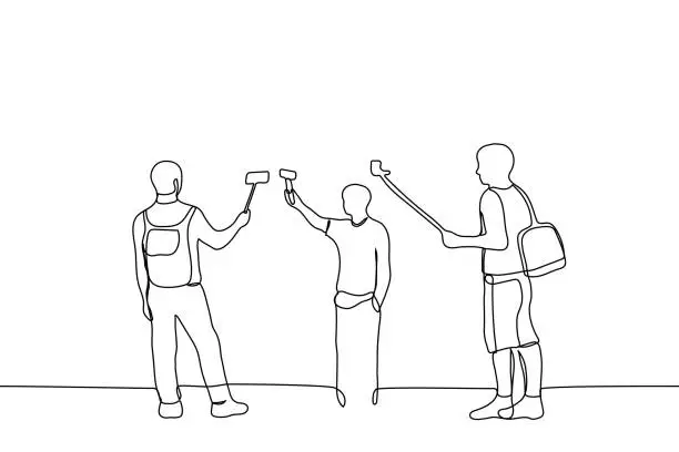 Vector illustration of male bloggers with cameras on selfie sticks filming themselves - one line drawing. concept of travel travelers who vlog, online stream, tourists take selfies