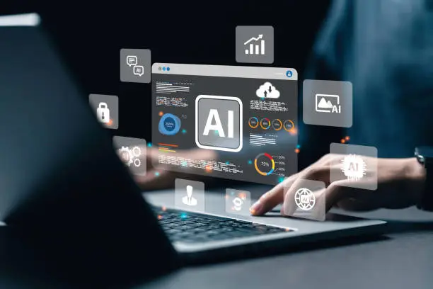 Photo of a data analyst using technology AI for working tool for data analysis Chatbot Chat with AI, using technology smart robot AI, artificial intelligence to generate something or Help solve work problems.