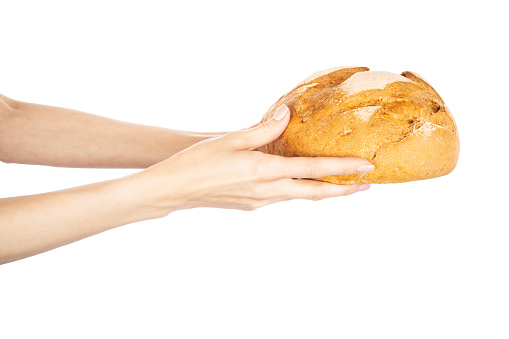 Freshly baked round bread in hand isolated on white background. High quality photo