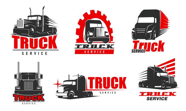 Truck repair service, spare parts shop icons Truck service icons. Industrial transportation, repair and maintenance service, vehicle spare parts shop or automobile mechanic workshop vector icon with classic american semi truck semi truck stock illustrations