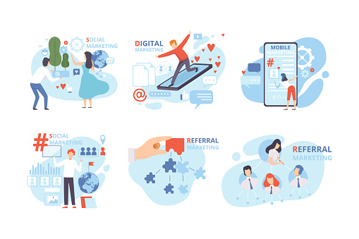 Business people taking part in business activities set. Dgital, social media, mobile, referral marketing flat vector illustration isolated on white