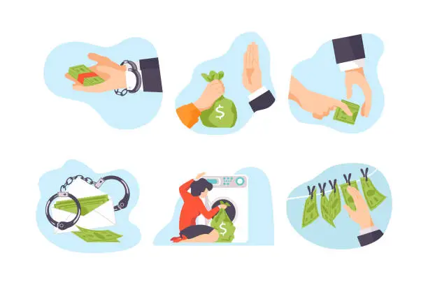 Vector illustration of Corruption and bribery concept. Hands bribing and money laundering set. Corrupted business or financial crime flat vector