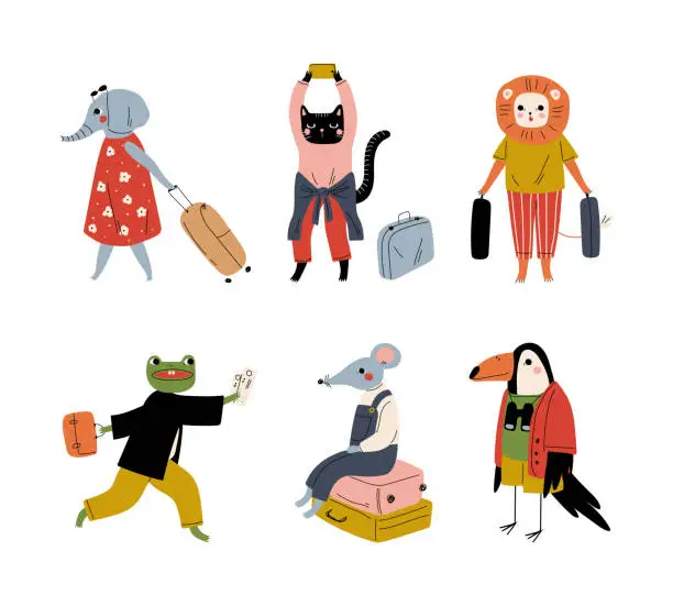 Vector illustration of Set of wild animals tourists travelling on summer vacation. Elephant, cat, lion, frog, rat, bird travellers with luggage going on trip or vacation cartoon vector