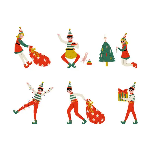 Vector illustration of Boys and girls Christmas elf characters Set. Cute Santa Claus helpers decorated fir tree, holding gift boxes, dragging bag of gifts cartoon vector illustration
