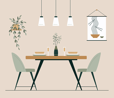 Dining Area in the kitchen or living room with table, chairs, picture and plants. Vector illustration. Modern interior design. Sustainable lifestyle. Romantic dinner for a couple.