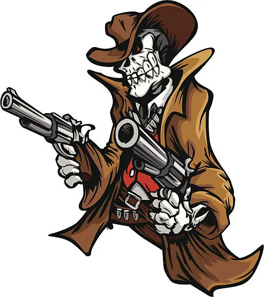 Vector illustration of Skeleton Cowboy  with skull and Hat Aiming Guns