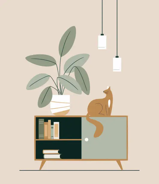 Vector illustration of Minimalist cozy Living room interior with bookshelf, cat and plant. Vector illustration. Modern interior design. Sustainable lifestyle