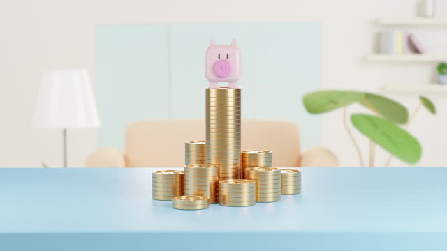 3d Animation gold coin with Big piggy bank of investment. Big piggy bank with coins on background for commercial design. Saving or save money or open a bank deposit concept.