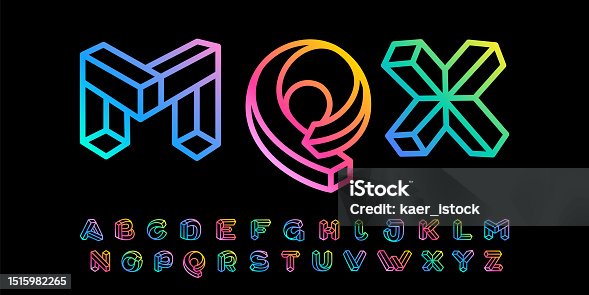 istock Isometric alphabet set. Neon lights emblems. Multicolor gradient impossible lines NFT design. 1515982265