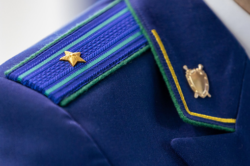 Russia. Saint-Petersburg. An employee of the prosecutor's Office. Shoulder straps on the uniform of an employee of the prosecutor's office.