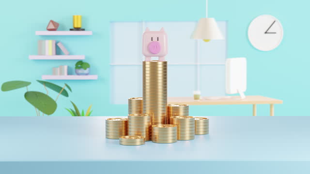 3d Animation gold coin with Big piggy bank of investment. Big piggy bank with coins on background for commercial design. Saving or save money or open a bank deposit concept.