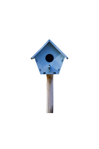Blue wooden bird house isolated on white background included clipping path.